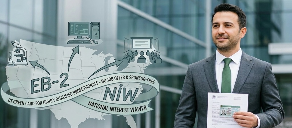 Professional holding a U.S. Green Card approval document representing the EB-2 NIW visa pathway for highly qualified professionals.