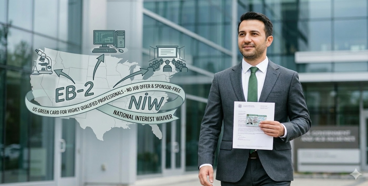 EB-2 NIW vizesi ile ABD Green Card alan yüksek nitelikli bir profesyoneli temsil eden görsel.