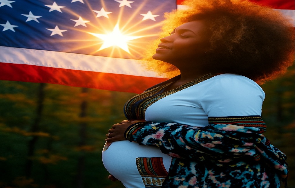 A pregnant woman standing with a glowing U.S. flag behind her, symbolizing birthright citizenship under threat yet shining with hope.