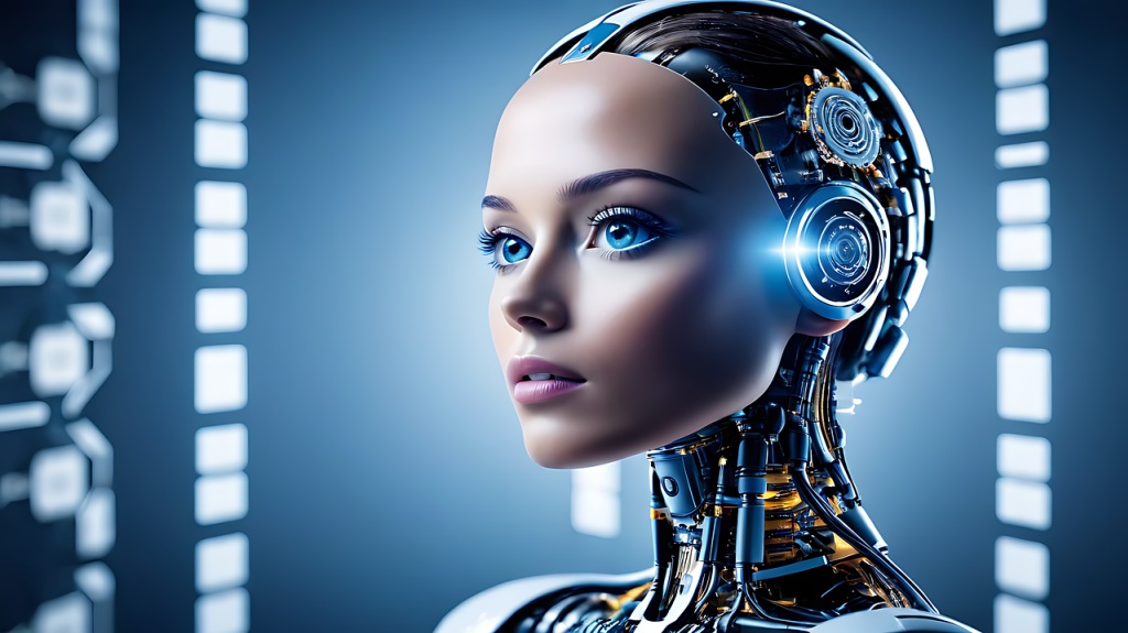 Primer plano de un robot humanoide con ojos azules expresivos y detalles mecánicos complejos, que simboliza la innovación y la tecnología avanzada.