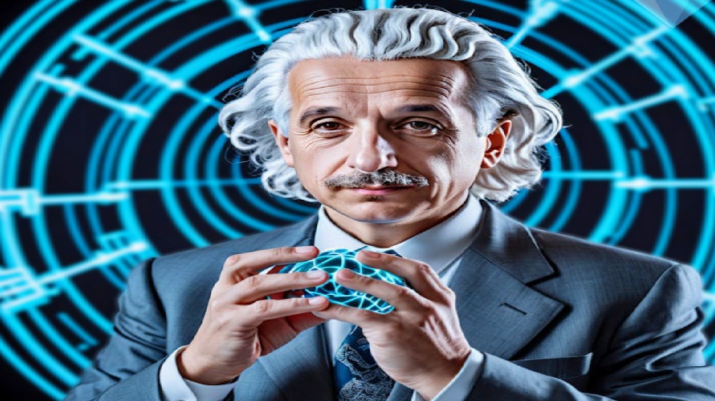 Científico distinguido con cabello gris sosteniendo una esfera geométrica brillante, que representa la inteligencia, el descubrimiento y la innovación tecnológica.