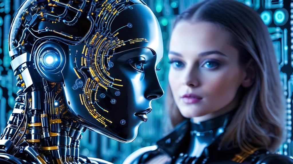 Bir insansı robot ve bir kadın yan yana duruyor; insan zekâsı ile yapay zekânın iş birliğini simgeliyor.
