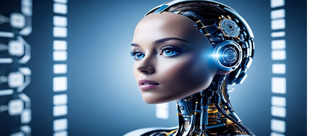 Primer plano de un robot humanoide con ojos azules expresivos y detalles mecánicos complejos, que simboliza la innovación y la tecnología avanzada.