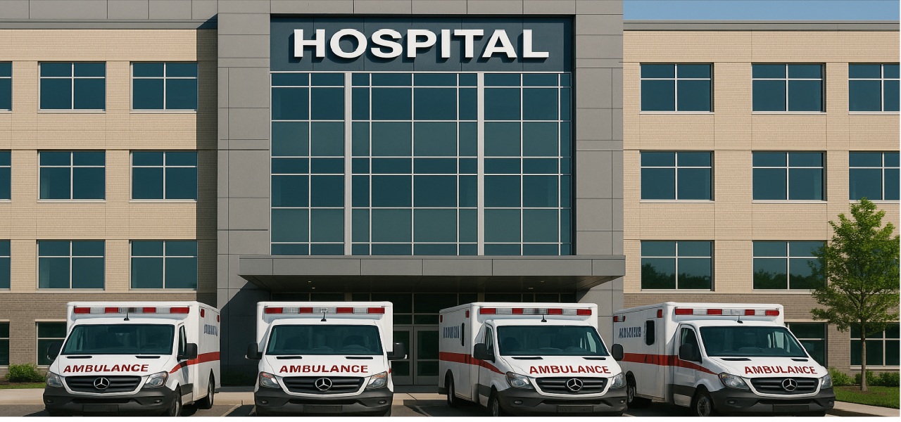 Fachada de un hospital moderno con ambulancias estacionadas al frente.