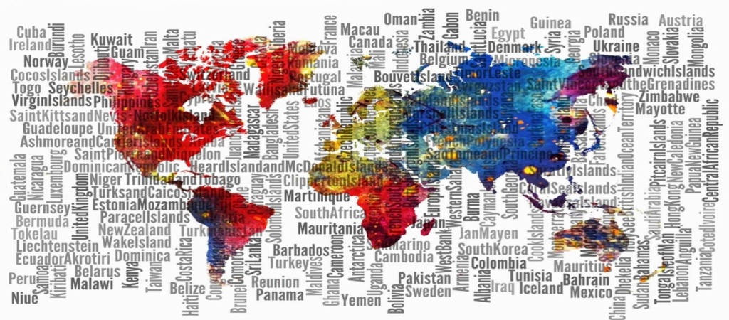 Artistic world map illustration filled with country names in various colors.