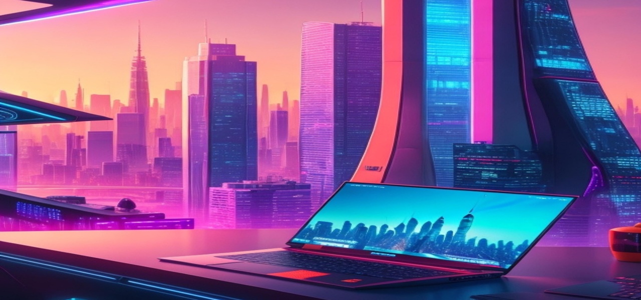 Una laptop sobre un escritorio futurista con vista a rascacielos iluminados en tonos rosa y azul.