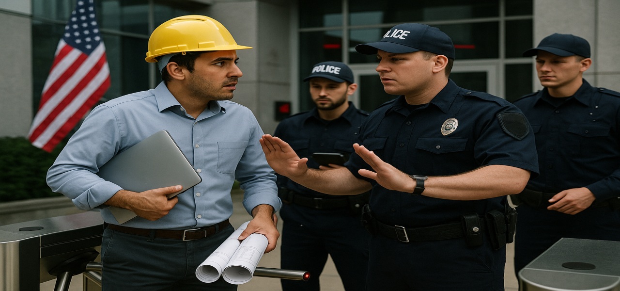 ABD’de bir binanın girişinde polislerin evrak ve laptop taşıyan mühendisi durdurması.