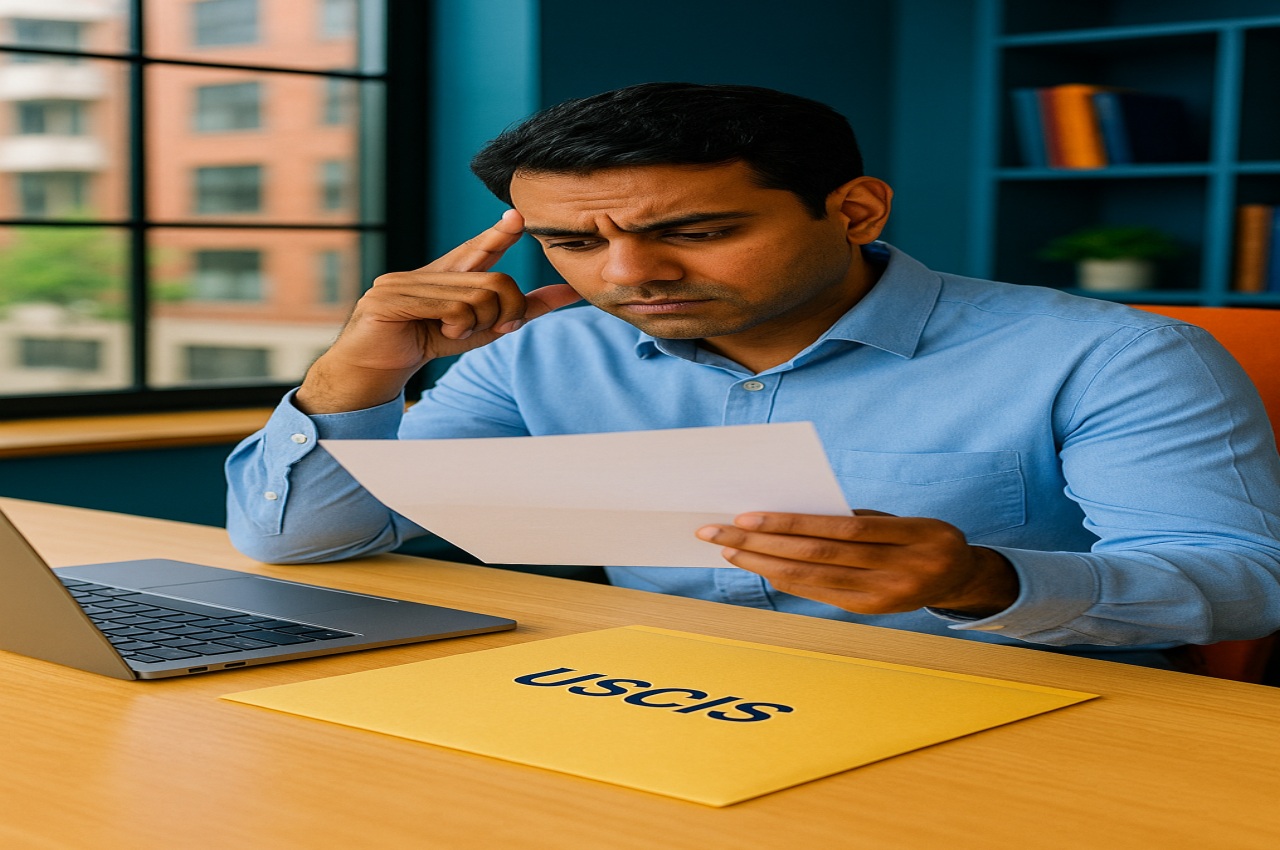 Man reading a USCIS denial letter with a concerned expression at his desk.