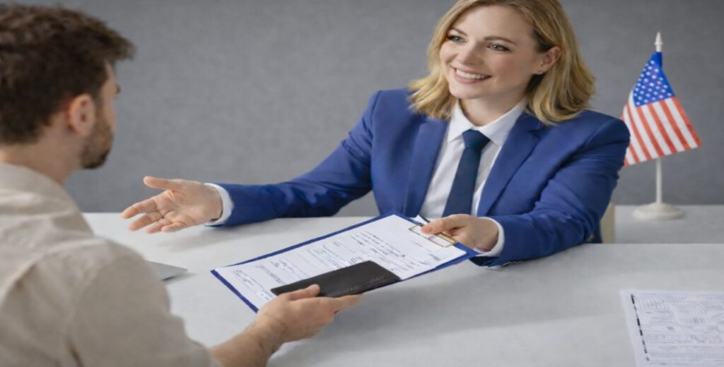 Mavi takım elbiseli güler yüzlü bir konsolosluk görevlisi, vize başvurusunda bulunan kişiyle görüşme yaparken belgeleri inceliyor.