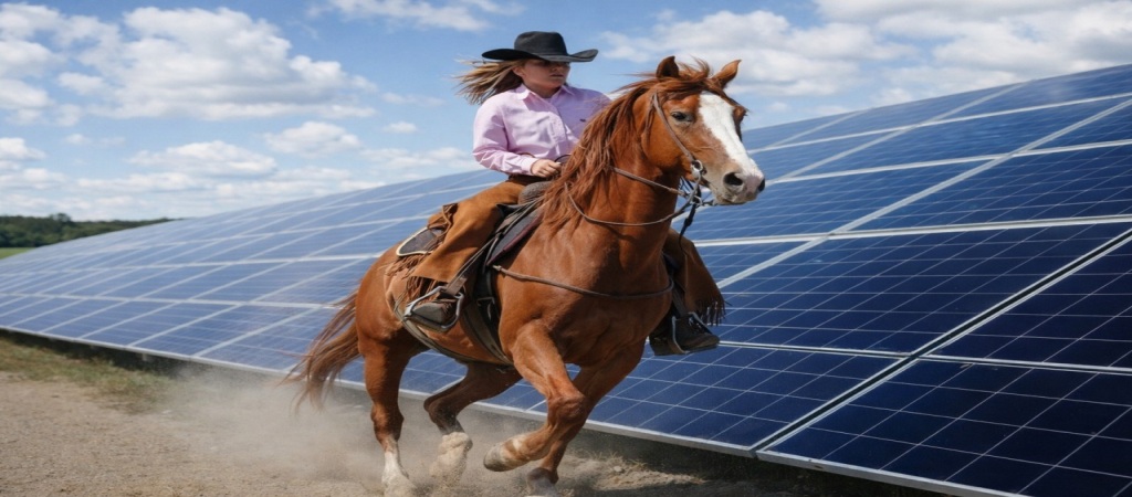 A rider on horseback beside large solar panels under a blue sky in Texas.