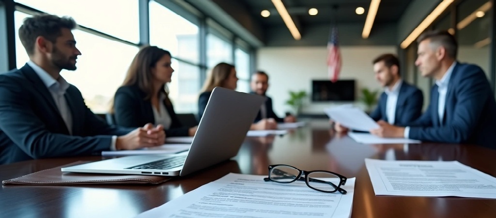 Business professionals reviewing documents related to H-1B Visa Project Firewall compliance