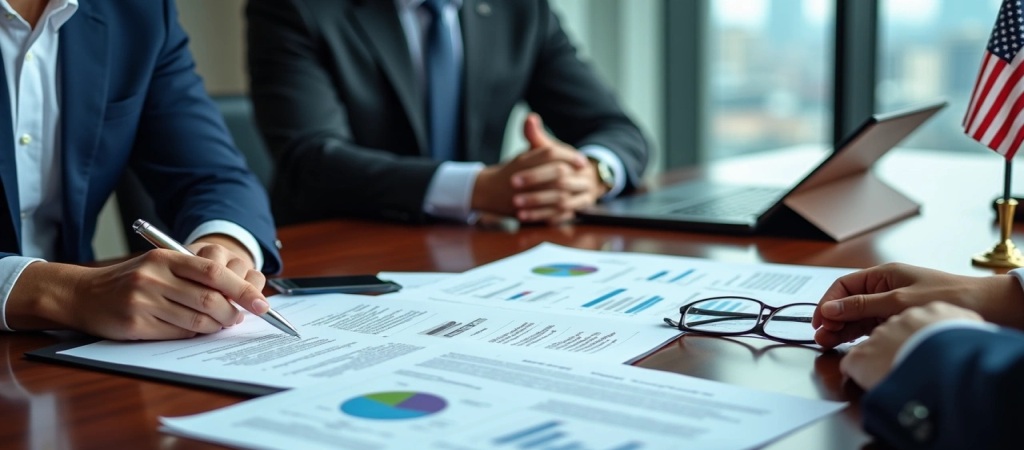 Business professionals reviewing financial documents during an EB-5 Immigrant Investor Program consultation