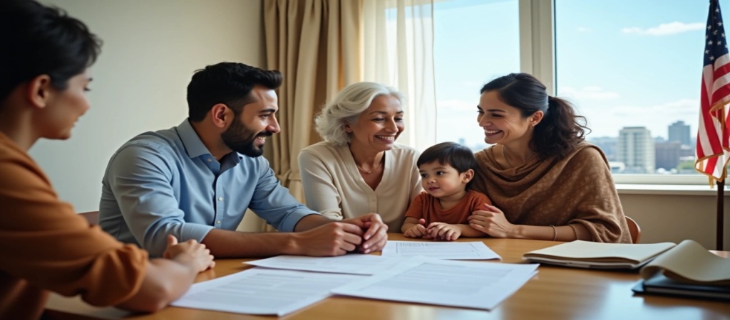 Family meeting with an immigration lawyer discussing the family reunification immigration process in the United States.