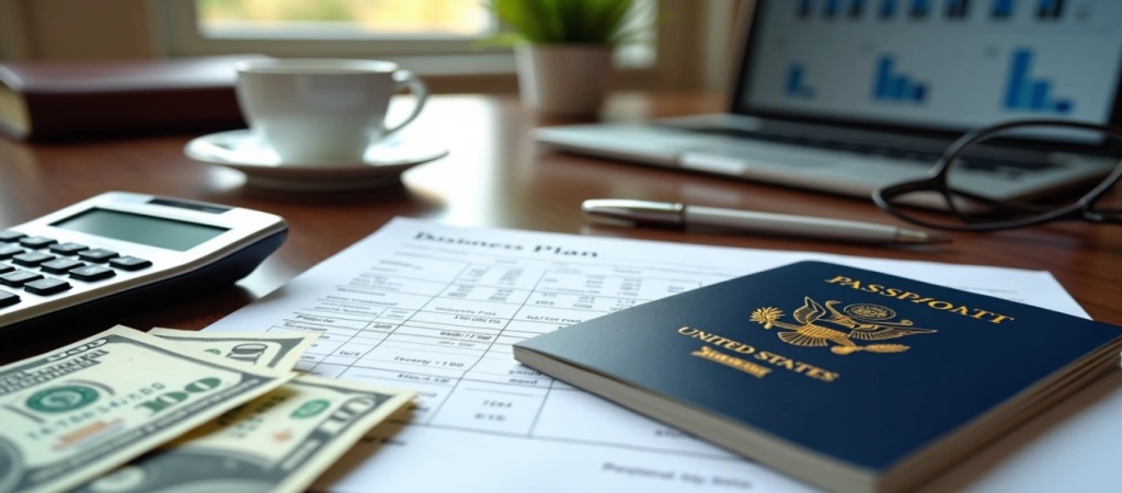 U.S. passport, cash, financial documents, and calculator representing E-2 visa minimum investment and business planning.