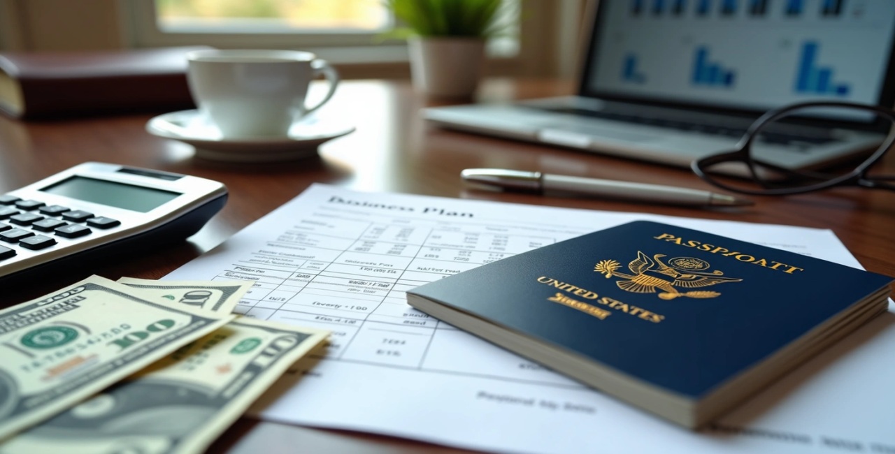E-2 vizesi minimum yatırımını temsil eden ABD pasaportu, nakit para, finansal belgeler ve hesap makinesi.