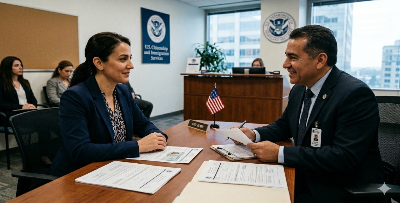 Bir başvuru sahibinin USCIS görevlisi ile Vatandaşlığa Kabul Mülakatı sırasında resmi bir ofiste görüşmesi.